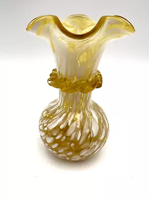 Vintage Pilgrim Glass Yellow White Spatter Bud Vase Ruffle Edge Rigaree Collar • $18