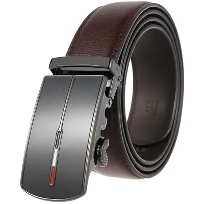 Classic Men's Real Leather Belt Automatic Buckle Belt Ratchet Strap Suit Belts • £9.59