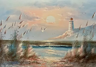 Bernard Duggan Large Framed Lighthouse Seascape Impressionist Oil Painting • $795