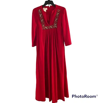 Vtg Red Velour Long Robe House Coat Sz S Dress Nightgown Zip Up Floral Trim 70's • £9.64