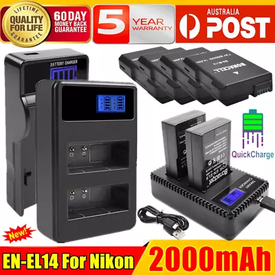 2x 2000mAh EN-EL14a Battery & Charger For Nikon D3400 D3500 D5100 D5200 P7000 AU • $26.99