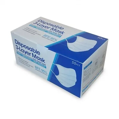 Disposable 3 Ply/Layer Ear-Loop Face Mask BFE 95% - Bulk 250 (5 X Box Of 50) • £6.99