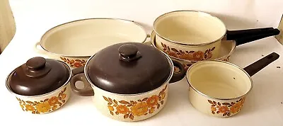 Vintage Set Of Inlasa Enamelware MCM Retro Pots And Pans Set Floral Enamel Spain • $65