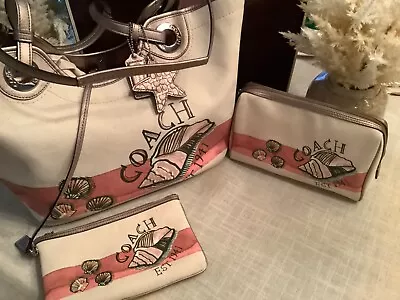 COACH CANVAS & LEATHER SEASHELL  TOTE Purse  MULTI-COLOR • $225