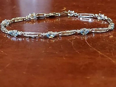 10k White Gold Blue Topaz Diamond Tennis Bracelet 6.75  Filigree Links Euc • $259.99