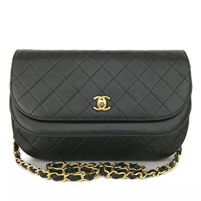 Vintage CHANEL Quilted Double Flap CC Logo Lambskin Shoulder Bag Black/2W1193 • $1050