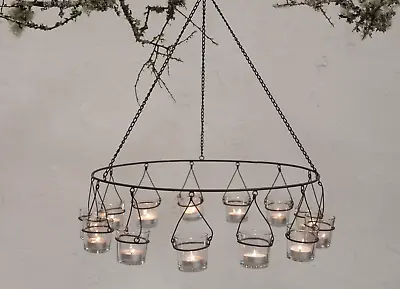 £55 • Buy Lrg Rustic Metal Tea Light Circular Hanging Chandelier Candle Holder Nkuku Timo