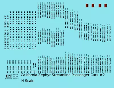 K4 N Scale Decals California Zephyr WP DRGW CB&Q Streamlined Passenger Car #2 • $7.45