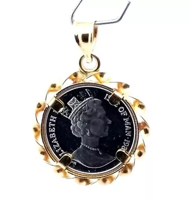 Isle Of Man 1/10 Platinum Crown Coin In 14K Yellow Gold Turkish Cat Pendant • $349