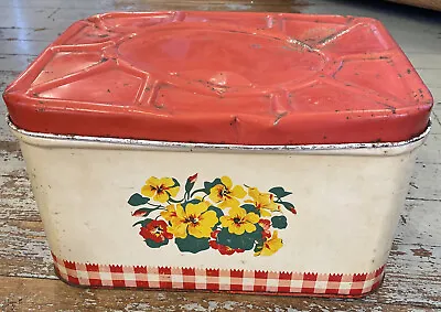$45 • Buy Vintage Red Checked Nasturtium￼ Metal Tin Bread Box Country Cottage Farmhouse