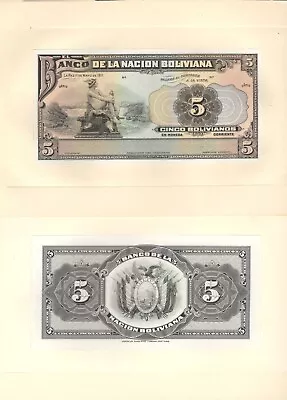 BOLIVIA 5 Bolivianos 1911 P-106p F&B Proof Banco De La Nacion Uncirculated • $220