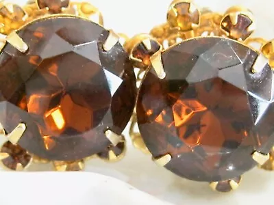 Big Vintage Headlight Rhinestone Earrings Rich Brown Topaz Gold Filigree Setting • $39