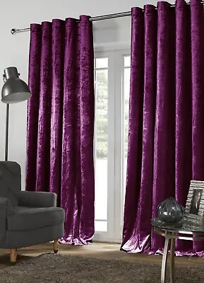 Eyelet Curtains Plum Crushed Velvet Ring Top Thick Long Ready Made Fully Lined • £26.02