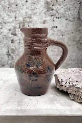 Vintage Hand Thrown Salt Glazed Pottery Jug Pitcher 5 In Floral Cobalt Brown  • $16.99