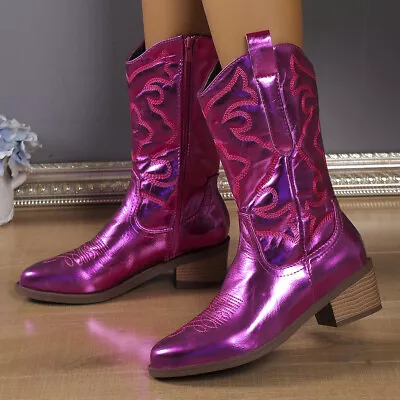 Embroidered Women Wide-Calf Retro Cowgirl Boots Western Boot Winter Womens Shoes • $66.96