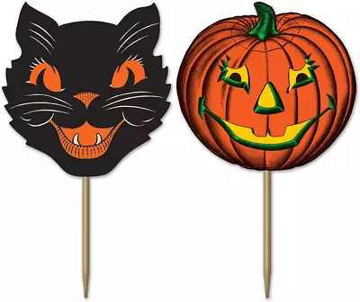 Paper Vintage Halloween Party Picks Cat Pumpkin Cupcake Toppers Pack Of 3 • $16.42