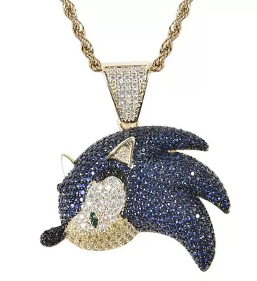 Sonic Iced Out Gold Chain Necklace Shiny Bling Jewellery Pendant Rapper • £8.50