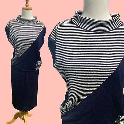 1980s ARBE Imports Navy Blue Striped Wool Top And Skirt Set - Vintage Mad Men  • $65