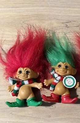 Lot Of 2 Merry Little Trolls Russ 3  Christmas Troll Doll Santa Red & Green Hair • $15