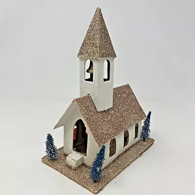 Vintage Putz Christmas Village Paper Cardboard Church Mica Trees Japan • $19.99