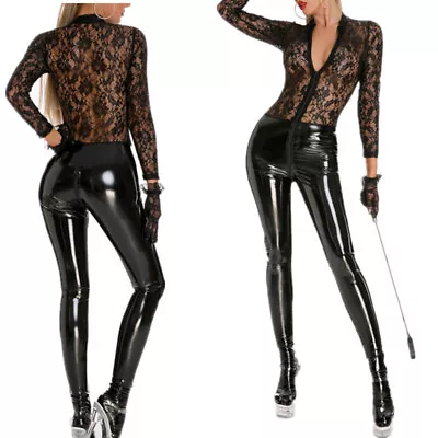 Women's Sexy Lace Catsuit Bodysuit Wetlook Patent Leather Bodystocking Clubwear • £9.59