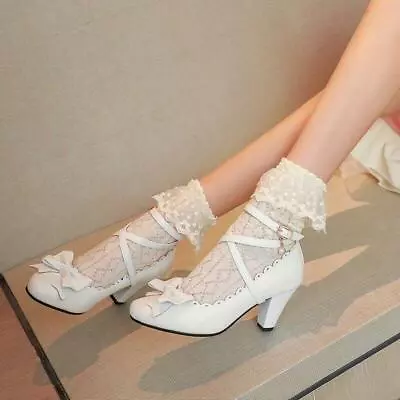 Women’s Fashion Round Toe Bow Lolita Chunky Heel Buckle Mary Jane Princess Shoes • £38.89