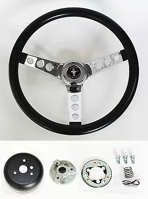 New 1970-1973 Mustang Black Steering Wheel 14 1/2  With Chrome Spokes & Horn Kit • $129.96