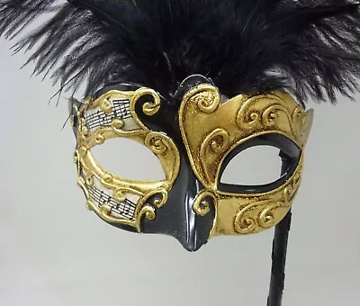 Black Gold Musical Notes Masquerade Carnival Party Ball Feather Mask On A Stick • £22.99