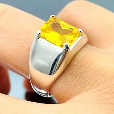 Square Yellow Citrine Gemstone Ring Mens 925K Sterling Silver Men's Jewelry • $40