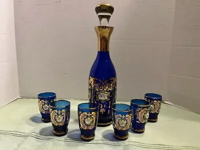 Vintage Liquor Decanter Set Bar Cobalt Blue Glass Gold Trim Enamel Flower Sake • $89.50