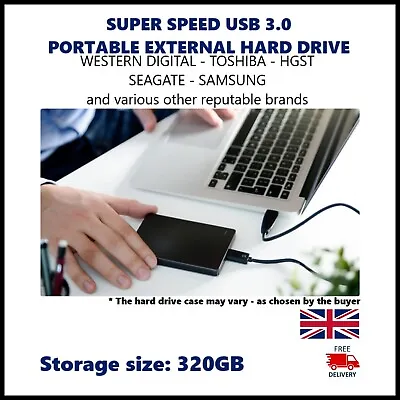 +320GB PORTABLE EXTERNAL HDD Xbox PC MAC PS4 USB3.0 HGST WD Samsung Seagate • £12.49