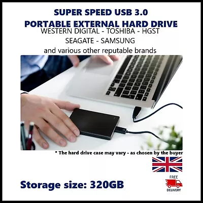 320GB PORTABLE EXTERNAL DRIVE HDD Xbox PC MAC PS4 USB3.0 HGST WD Samsung Seagate • £12.49