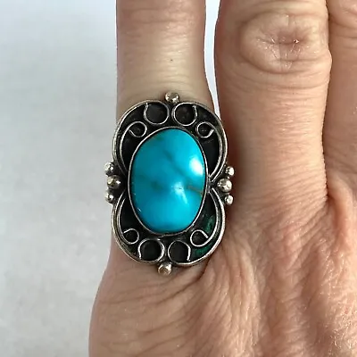 VTG Oxidized Sterling Silver Southwest Style Turquoise Scrollwork Ring Sz 2.75 • $59.99