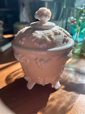 Vintage 1950s Jeannette Shell Pink Milk Glass 6  Candy Dish With Lid Grape Vines • $15