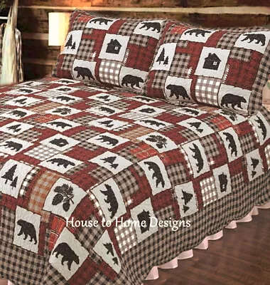 BLACK BEAR CABIN 3p King QUILT SET : LODGE RED BLACK BUFFALO CHECK MOUNTAIN HUTS • $72.45