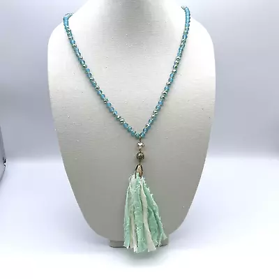 New Without Tags Mint Green Fabric 34  Beaded Chain Tassel Pendant Necklace • $17.99