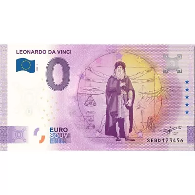 0 € Zero Euro Souvenir Italy 2022 Banknote - Leonardo Da Vinci • £3.16