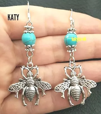 Stamped 925 Silver Hook Bumble Bee Earrings Drop Dangle Vintage Look Blue Gift  • $6.18