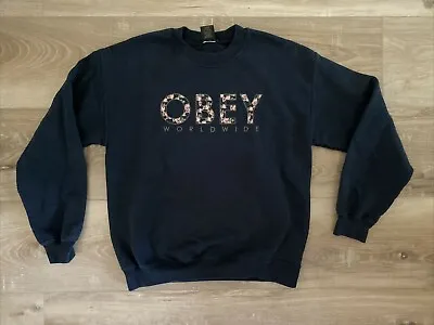 OBEY Black Crew Neck Sweatshirt Size Medium Floral Rose Logo • £17.51
