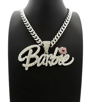 Nicki Barbie Pendant With 9mm 18  Cuban Link Chain White Gold Plated Necklace** • $27.99