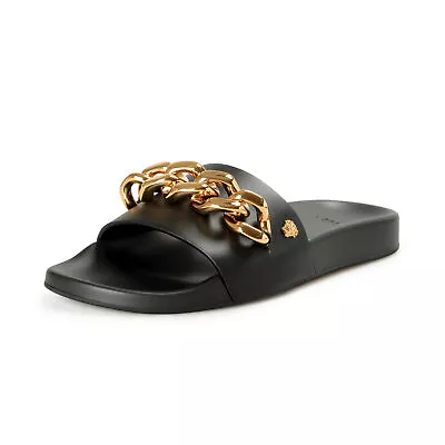 Versace Women's Black & Gold Leather Sandals Flip Flops Shoes • $249.99