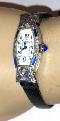 $999 • Buy Antique Art Deco Bulova 14k White Gold Diamonds Sapphire Ladies Watch Working 8”