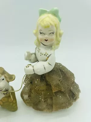 VTG JAPAN Ceramic Figurine Girl Lace Skirt Walking Poodle Dog Blonde Green Bow • $10.95