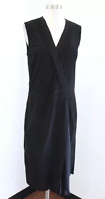 VINCE Solid Black Lamb Leather Suede Sleeveless Dress Size 8 Faux Wrap Look • $89.99