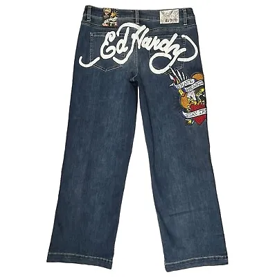 Ed Hardy | Women’s 32 | Brave Eagle Wide Leg Blue Denim Jeans • $79.99