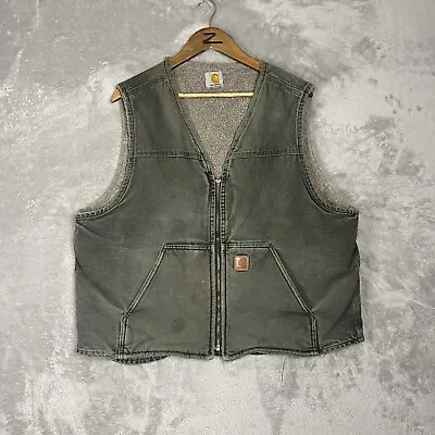 Vintage 90s Carhartt Workwear Shearling Lined Vest Adult XL Olive Green Faded • $79.99