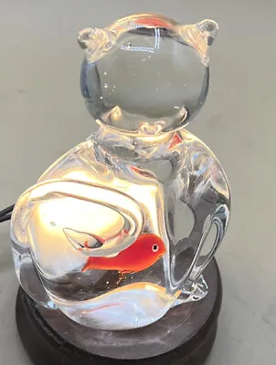 Murano Solid Blown Glass Cat With Fish In Belly Figurine Statue 6”Clear Crystal • $15.99