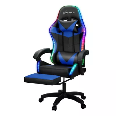 Artiss Massage Gaming Chair 6 Point 7 LED Office Chairs Leather Footrest Blue • $149.95
