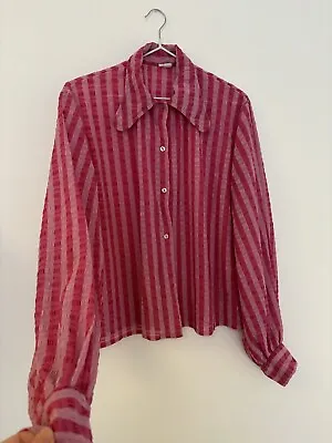 Lovely Vtg 60s 70s Seersucker Shirt Curved Collar Pink Disco Balloon Sleeve M/L • £25