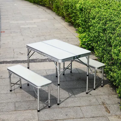 Rectangle Folding Camping Picnic Table With 2 Dining Benches Outdoor BBQ Party • £52.95
